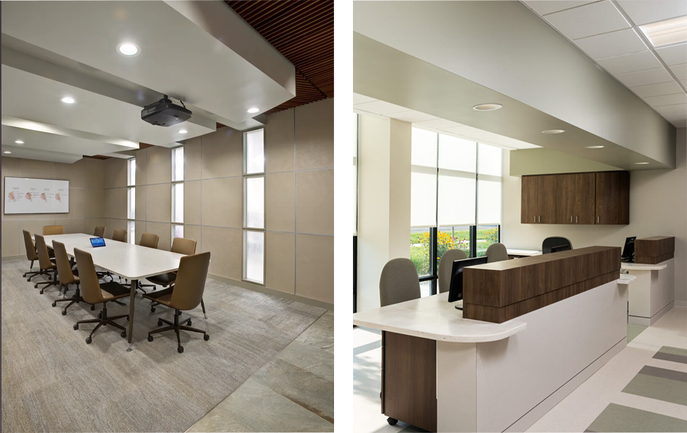 A view of an office with two different views.