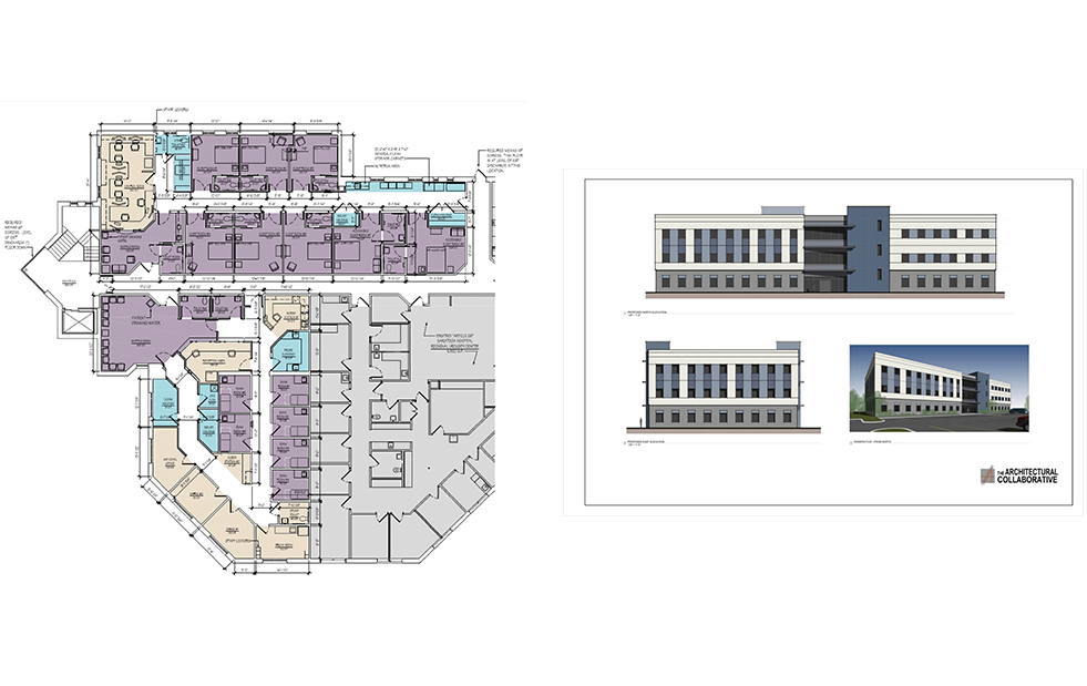 A floor plan and two side by side images of buildings.